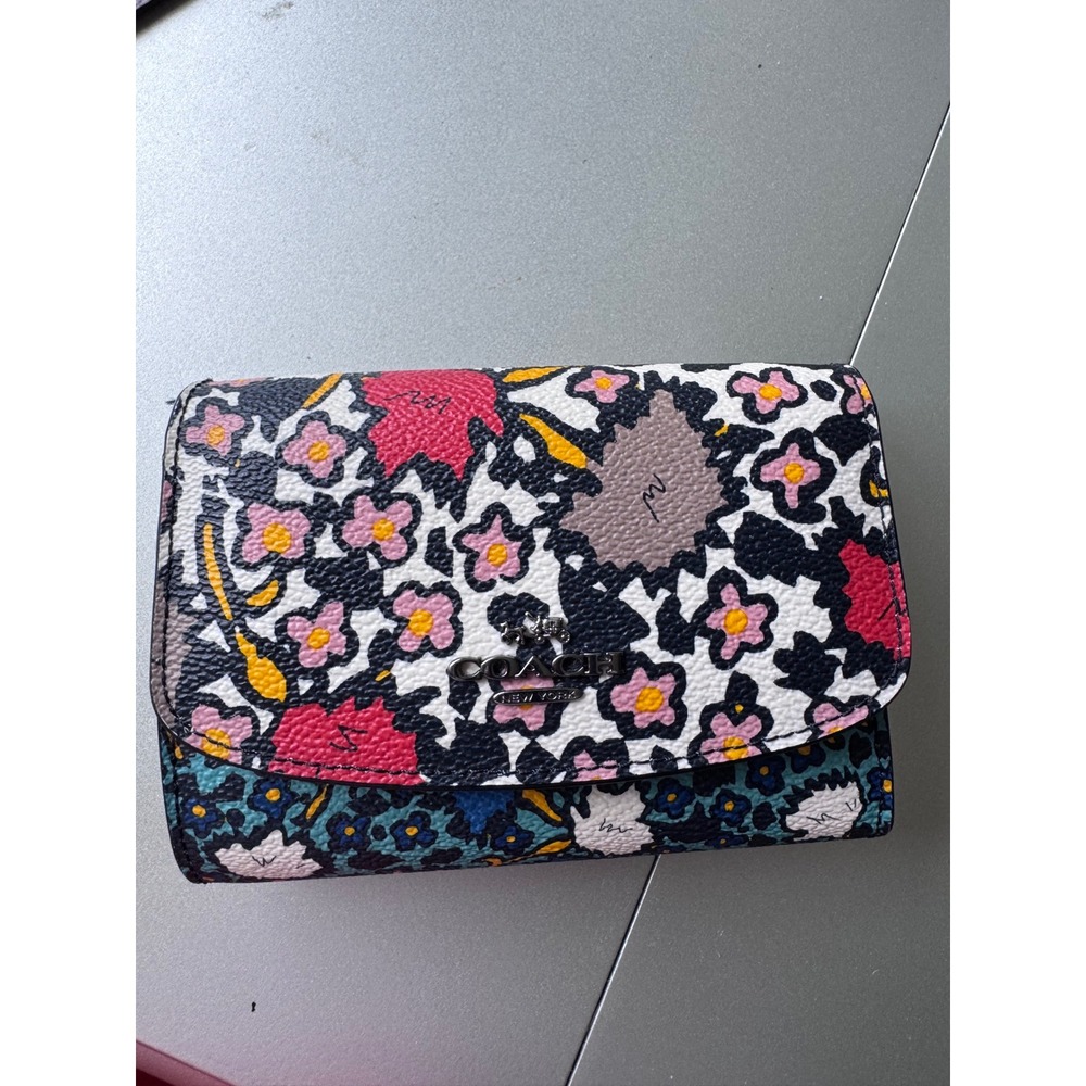 Coach Floral Leopard Print Trifold Wallet Multi Color Crossgrain Leather